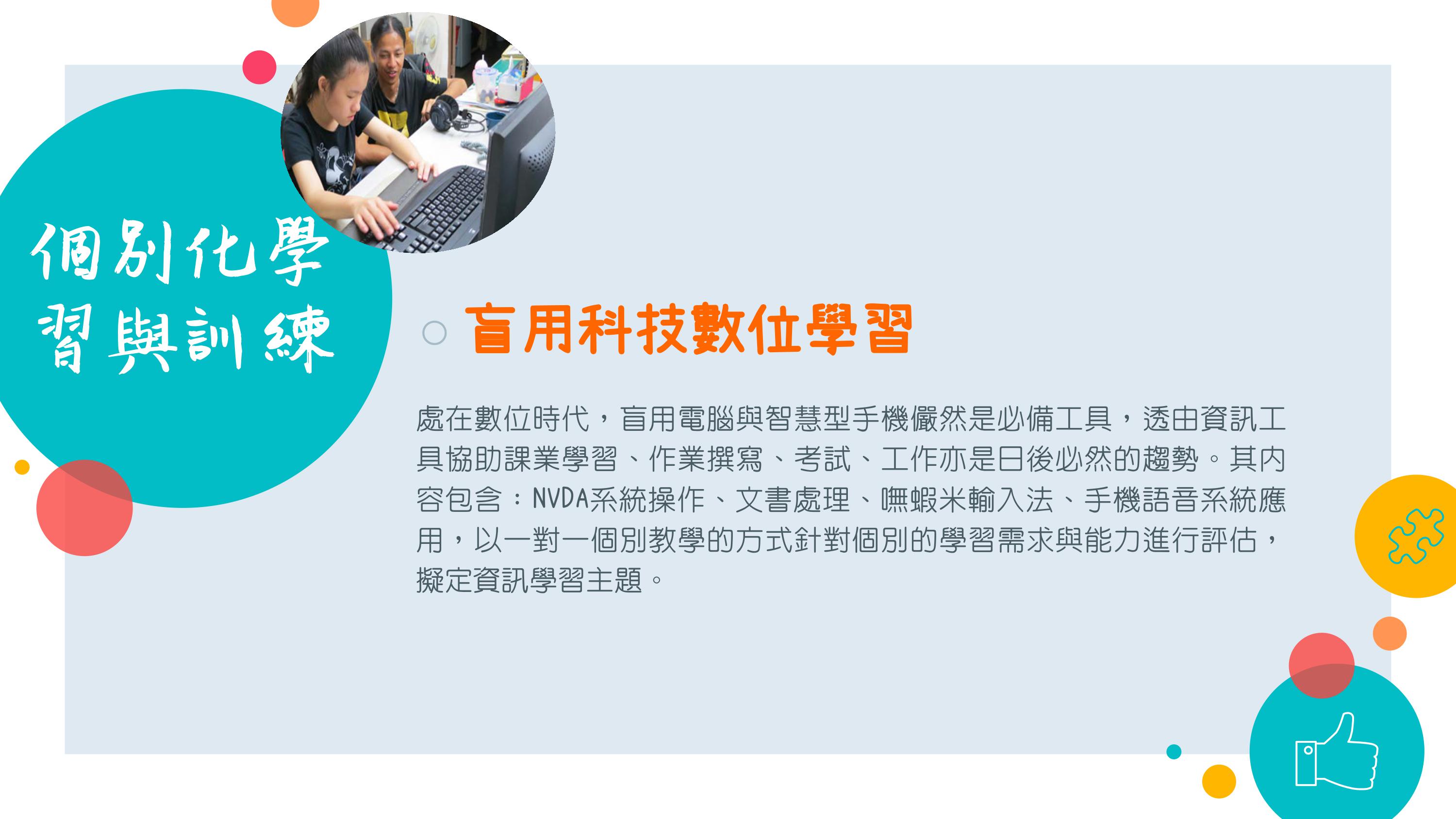 處在數位時代，盲用電腦與智慧型手機儼然是必備工具，透由資訊工具協助課業學習、作業撰寫、考試、工作亦是日後必然的趨勢。其內容包含：NVDA系統操作、文書處理、嘸蝦米輸入法、手機語音系統應用，以一對一個別教學的方式針對個別的學習需求與能力進行評估，擬定資訊學習主題。